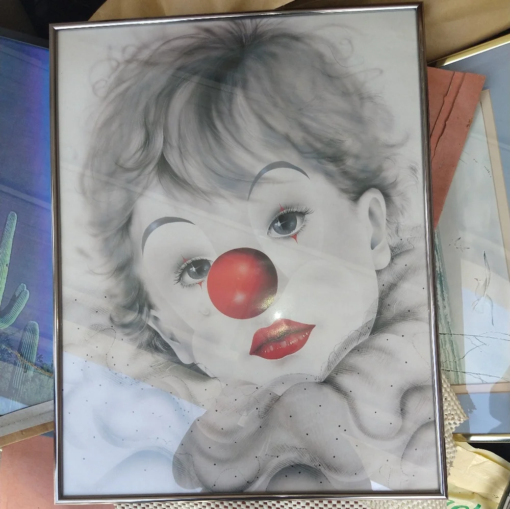 Baby child clown print framed wall decor vintage